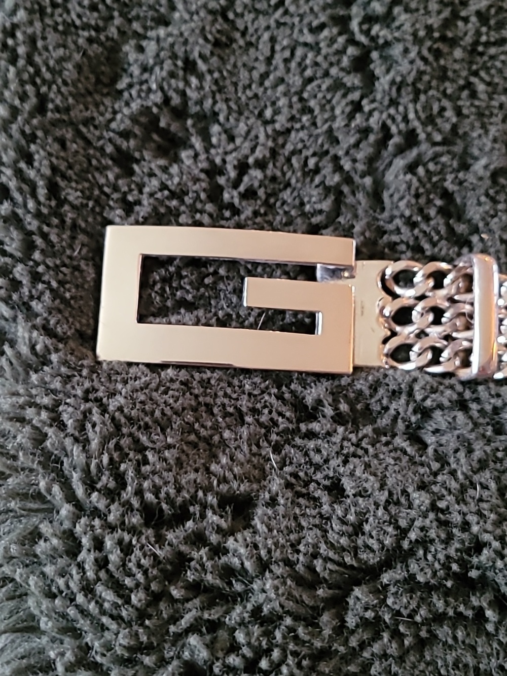 GUCCI Chain Link Wide Silver Belt.  Mirror Finish Buckle. Signature G Emblem.